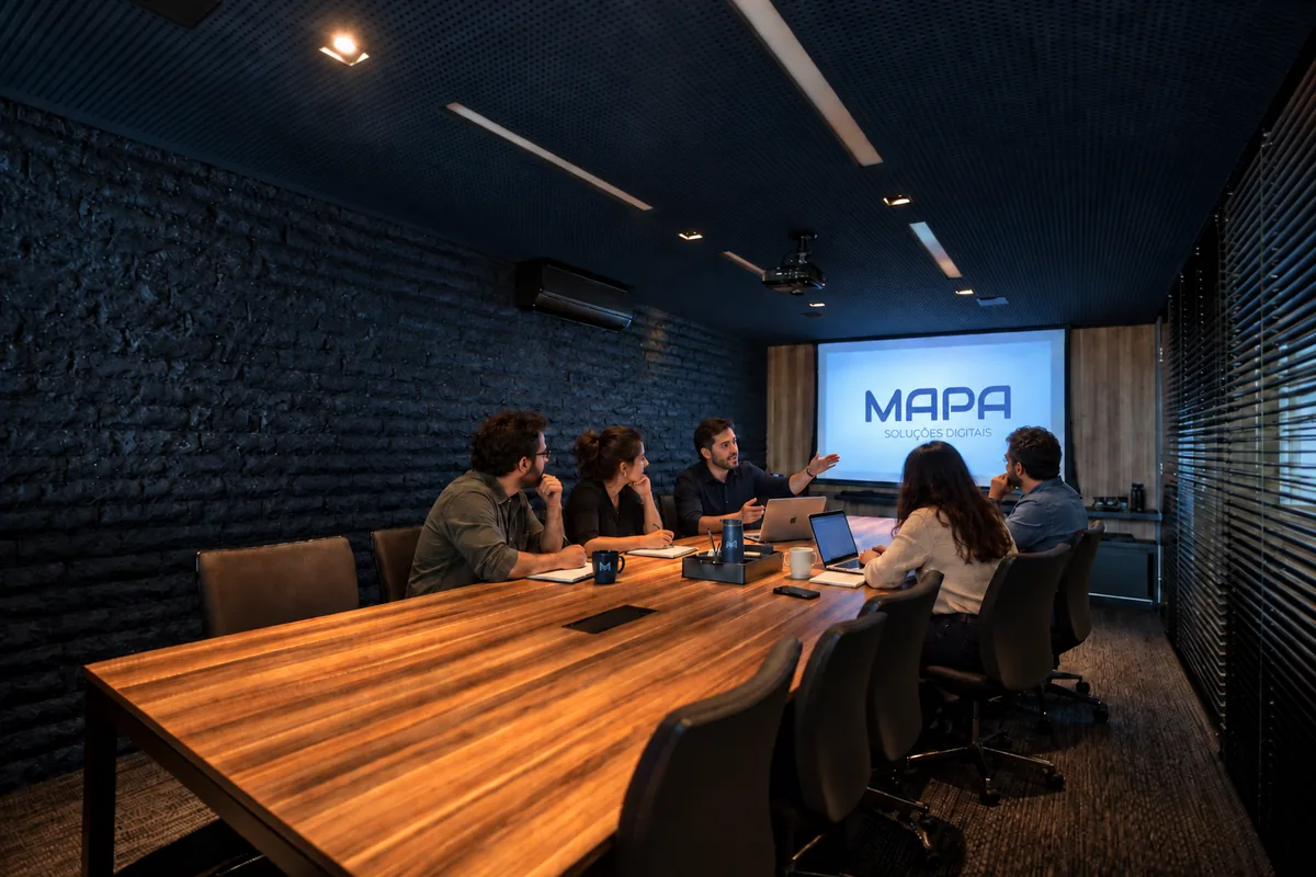 Reunião ao redor de uma mesa de madeira em sala com parede de tijolo escuro, com uma apresentação da MAPA Soluções Digitais projetada na tela ao fundo.