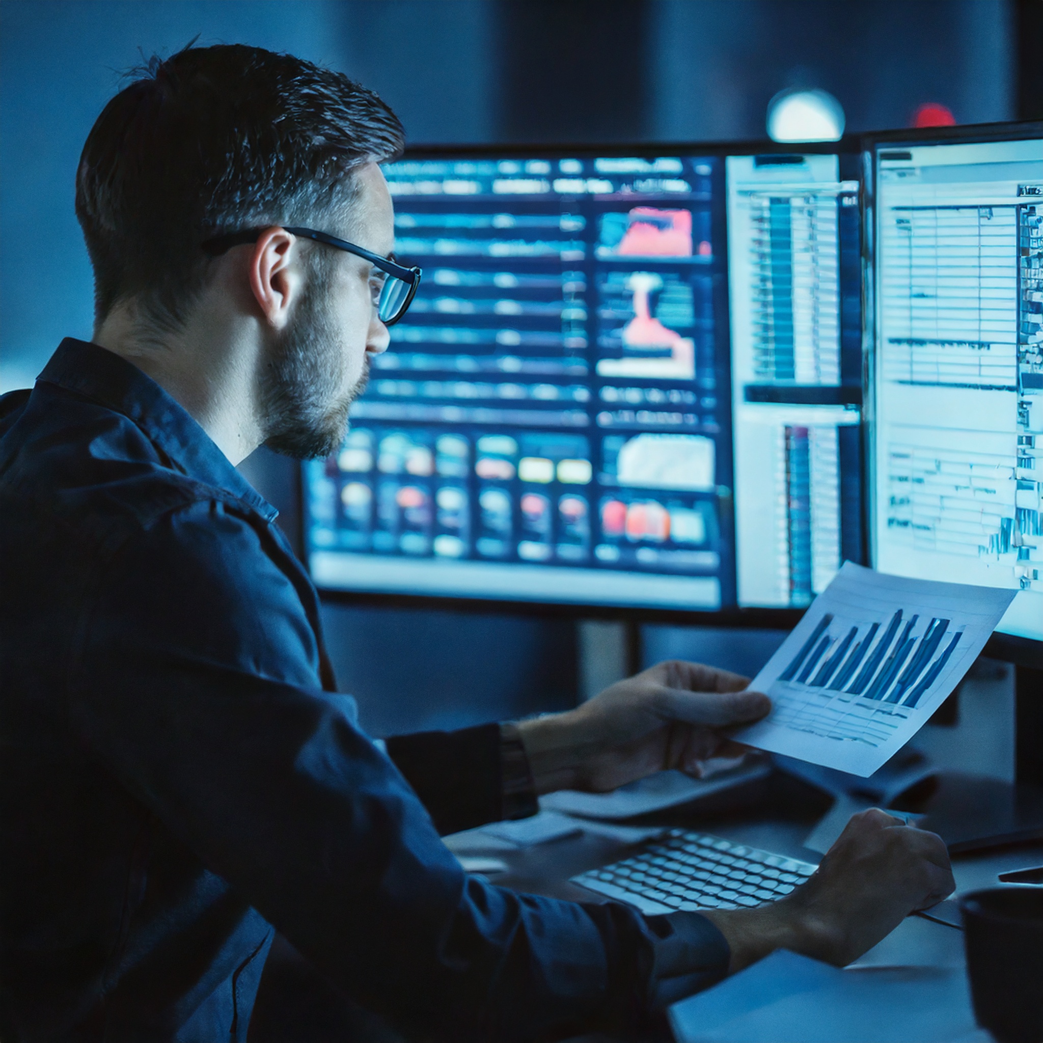 homem analisa gráficos em tela e segura resultados impressos em um papel